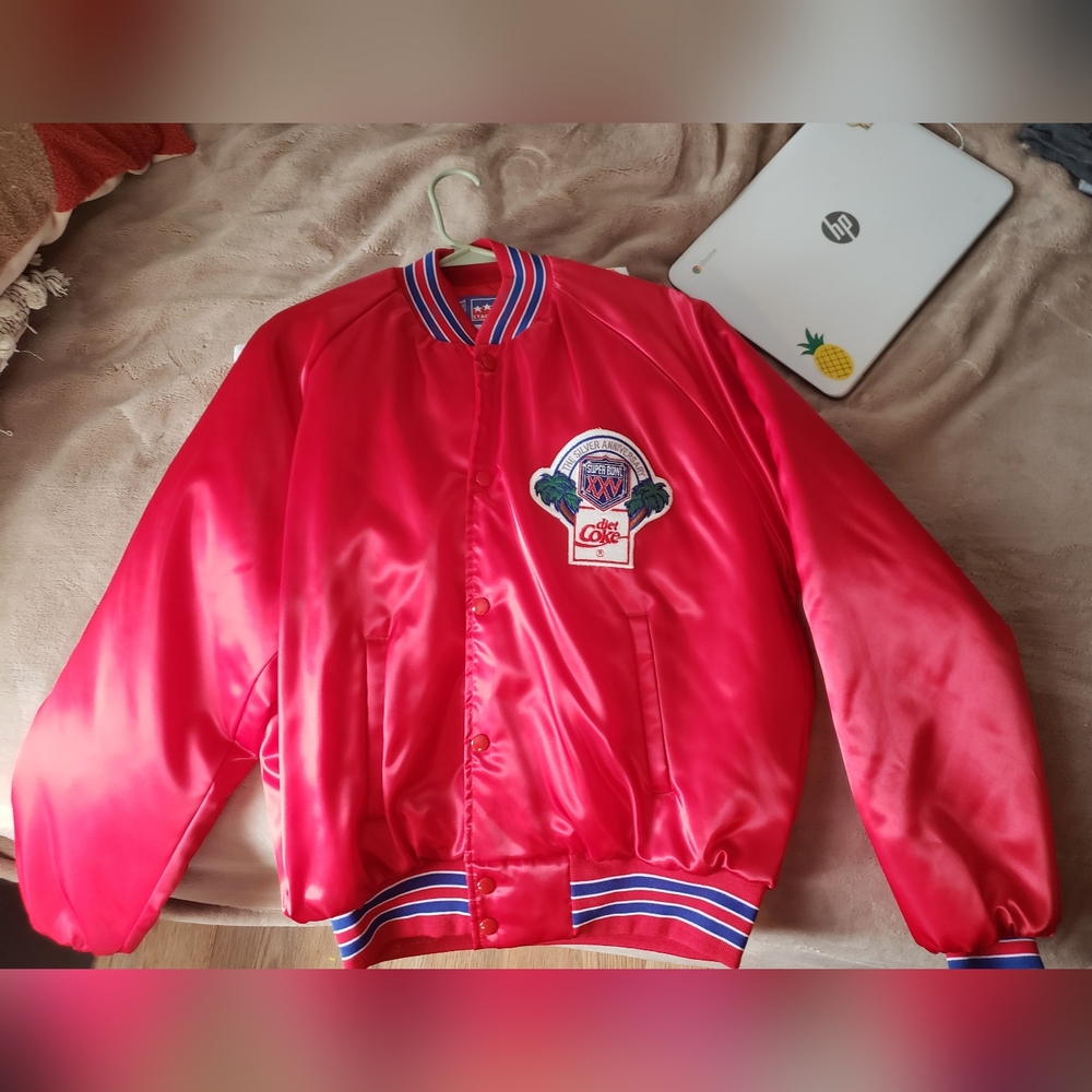 VINTAGE Super Bowl 25 XXV Silver Anniversary Diet Coke NFL Bomber Satin Jacket L